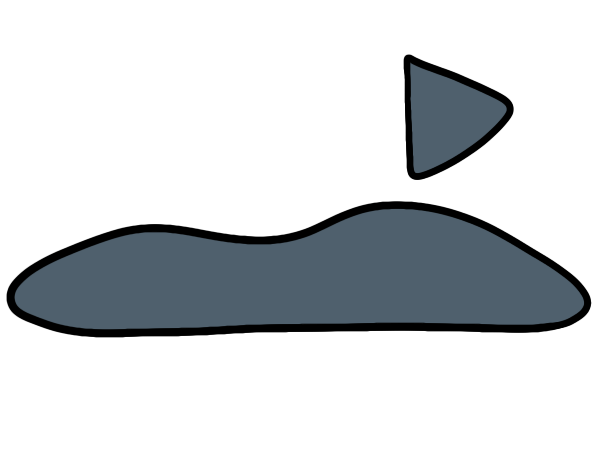 blue symbol of right facing play symbol type triangle above a long horizontal blob that is flat on the bottom and wavy on top. 